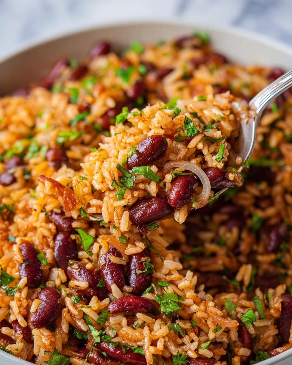 The image shows a close-up of a dish with two main layers mixed together: orange-colored rice and dark red kidney beans. The rice looks soft and fluffy, evenly coated in a light orange sauce, with small bits of cooked onions mixed in. The kidney beans are whole and scattered throughout, with a glossy texture. Small chopped green herbs are sprinkled on top, adding a fresh touch of color. A silver spoon is scooping a portion of the rice and beans, held by a woman's hand from the top right side. The dish is served in a white bowl placed on a white marbled surface. Photo taken with an iphone --ar 4:5 --v 7