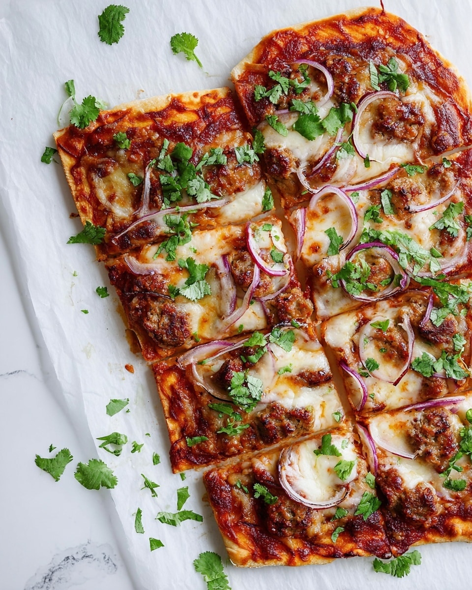 The image shows several square slices of pizza on white parchment paper over a white marbled surface. Each slice has a thin golden-brown crust as the base layer, topped with a bright red tomato sauce layer. Above the sauce is a melted layer of light golden cheese, slightly bubbly and stretchy. Thin slices of purple-red onion and small browned meat pieces are spread over the cheese. The top layer is fresh green cilantro leaves scattered generously, adding a pop of color and freshness. There are some loose cilantro leaves scattered around the pizza on the marbled surface. photo taken with an iphone --ar 4:5 --v 7
