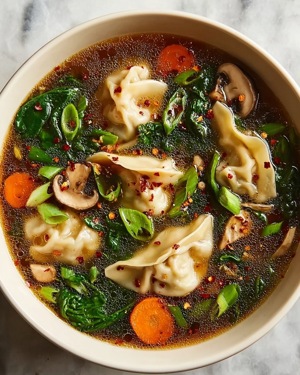 A white bowl filled with clear brown broth containing eight dumplings with a smooth, pale skin, floating alongside bright orange carrot slices, green spinach leaves, and light brown mushroom slices. Thinly chopped green onions are scattered on top, along with red chili flakes adding specks of red. The broth has a slight oily shine, and the ingredients are well spread out, showing a mix of soft and fresh textures. The bowl sits on a white marbled surface. photo taken with an iphone --ar 4:5 --v 7