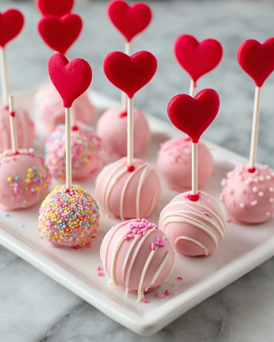 A white tray holds twelve small round pink cake pops, each decorated differently but all topped with a red heart on a stick. The cake pops have light pink smooth coating as the base layer. Some have thin white drizzle lines, some are covered in tiny colorful round sprinkles, and others have small white dots with pink strands on top. Each cake pop has a small red candy base where the stick is inserted. The red hearts on sticks stand upright, creating a fun and festive look. The tray is placed on a white marbled surface. photo taken with an iphone --ar 4:5 --v 7