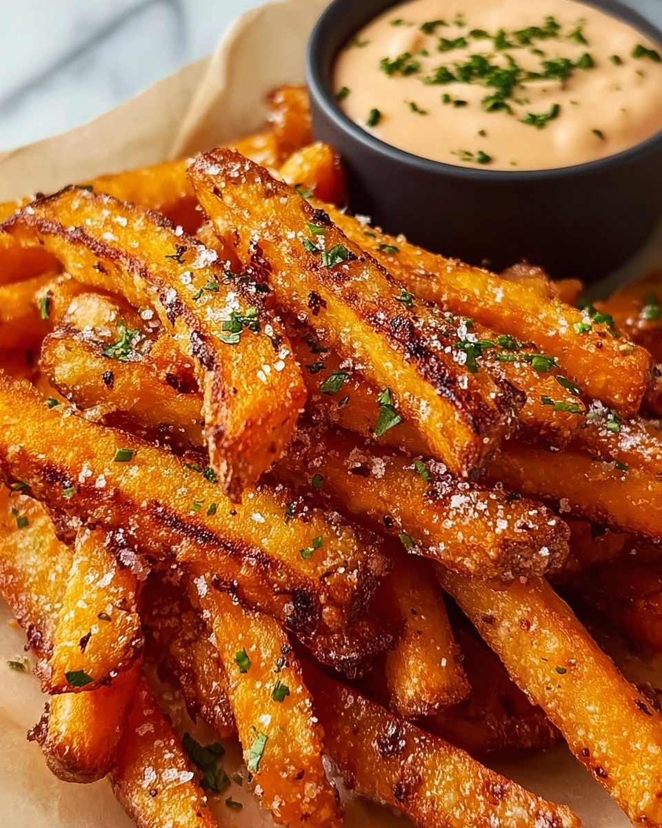 A pile of crispy sweet potato fries with a golden orange color and dark grill marks is stacked on a white plate lined with parchment paper. The fries are sprinkled with coarse salt and finely chopped green herbs scattered on top and around them. Behind the fries, there is a small white bowl filled with a creamy light orange dipping sauce, garnished with tiny green herbs. All of this is placed on a white marbled surface. photo taken with an iphone --ar 4:5 --v 7