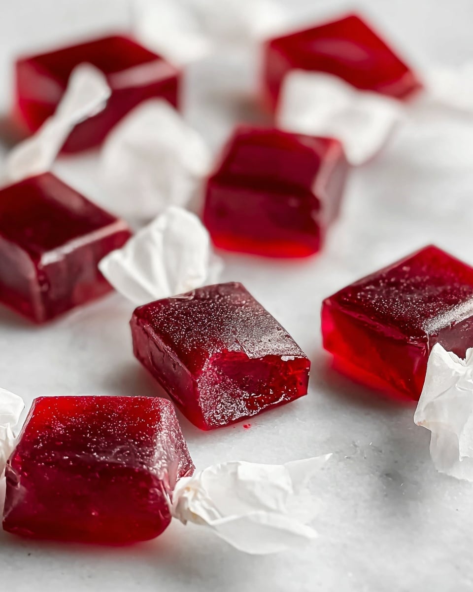 The image shows about fifteen small rectangular red gelatin candies spread out on a white marbled surface. Each candy has a smooth, shiny texture with clear edges and a slightly translucent look, catching the light and giving them a glossy finish. They are evenly shaped and closely spaced, showing a deep, rich red color throughout. The background is plain and clean, emphasizing the bright red color and smooth surfaces of the candies. photo taken with an iphone --ar 4:5 --v 7