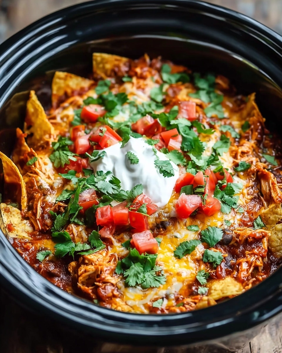 This image shows a black slow cooker filled with layered enchiladas. The bottom layer is a rich, dark red sauce with beans and shredded meat. On top of this, there are soft corn tortillas covered with melted yellow and white cheese, browned slightly in spots. The top layer has chopped red tomatoes and fresh green cilantro leaves scattered over a dollop of white sour cream in the center. The slow cooker sits on a wooden surface with a blurred green background. photo taken with an iphone --ar 4:5 --v 7