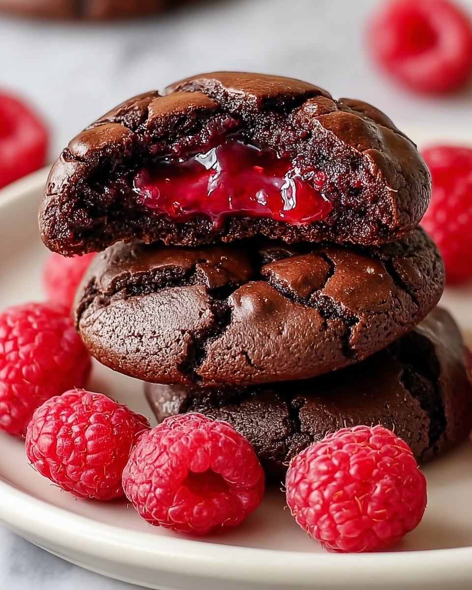 Two dark brown chocolate cookies with shiny, cracked tops are stacked on a white plate. The top cookie is broken in half, revealing a bright red, soft raspberry filling inside. Around the cookies, fresh, plump raspberries with a textured surface are scattered. The plate is set on a white marbled surface. photo taken with an iphone --ar 4:5 --v 7