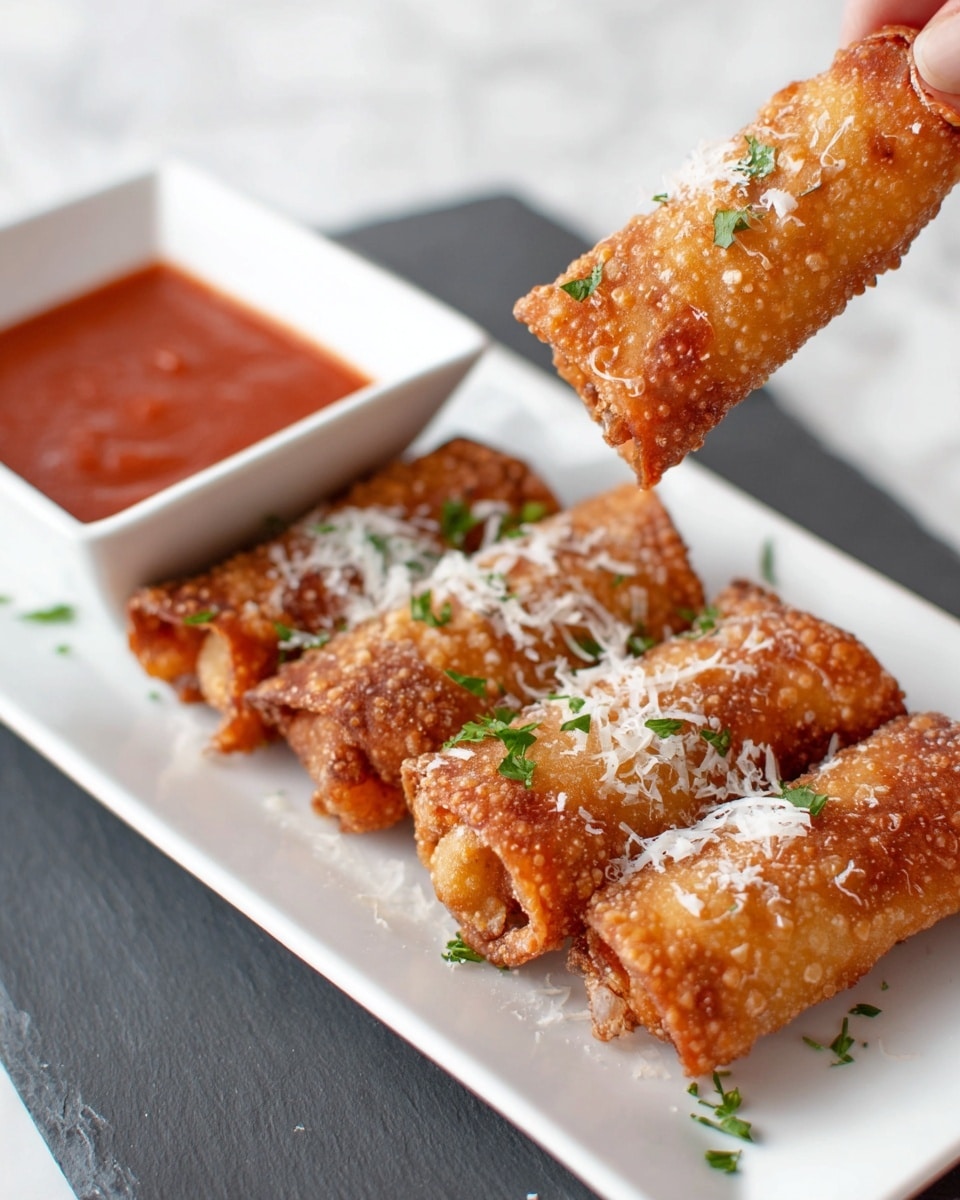The image shows four golden-brown fried rolls placed side by side on a white rectangular plate. Each roll has a crispy texture with slight uneven edges and is topped with finely grated white cheese and small green parsley leaves for garnish. In the background, there is a white bowl filled with smooth, thick, bright red-orange tomato sauce. The whole setup is placed on a white marbled surface. photo taken with an iphone --ar 4:5 --v 7