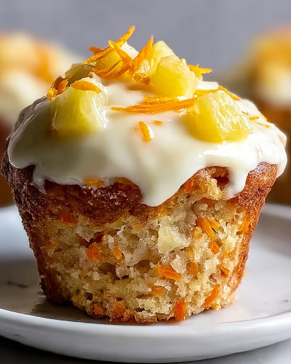 A close-up view of a carrot cupcake with two main layers: the base layer is a textured, golden-brown cupcake studded with visible orange carrot bits and small white chunks, showing a slightly crumbly surface; on top, there is a thick swirl of smooth, creamy white frosting which is decorated with small yellow pineapple chunks and tiny orange carrot shreds scattered across the frosting's peak and sides. The cupcake sits on a white plate with a white marbled surface beneath it. Photo taken with an iphone --ar 4:5 --v 7