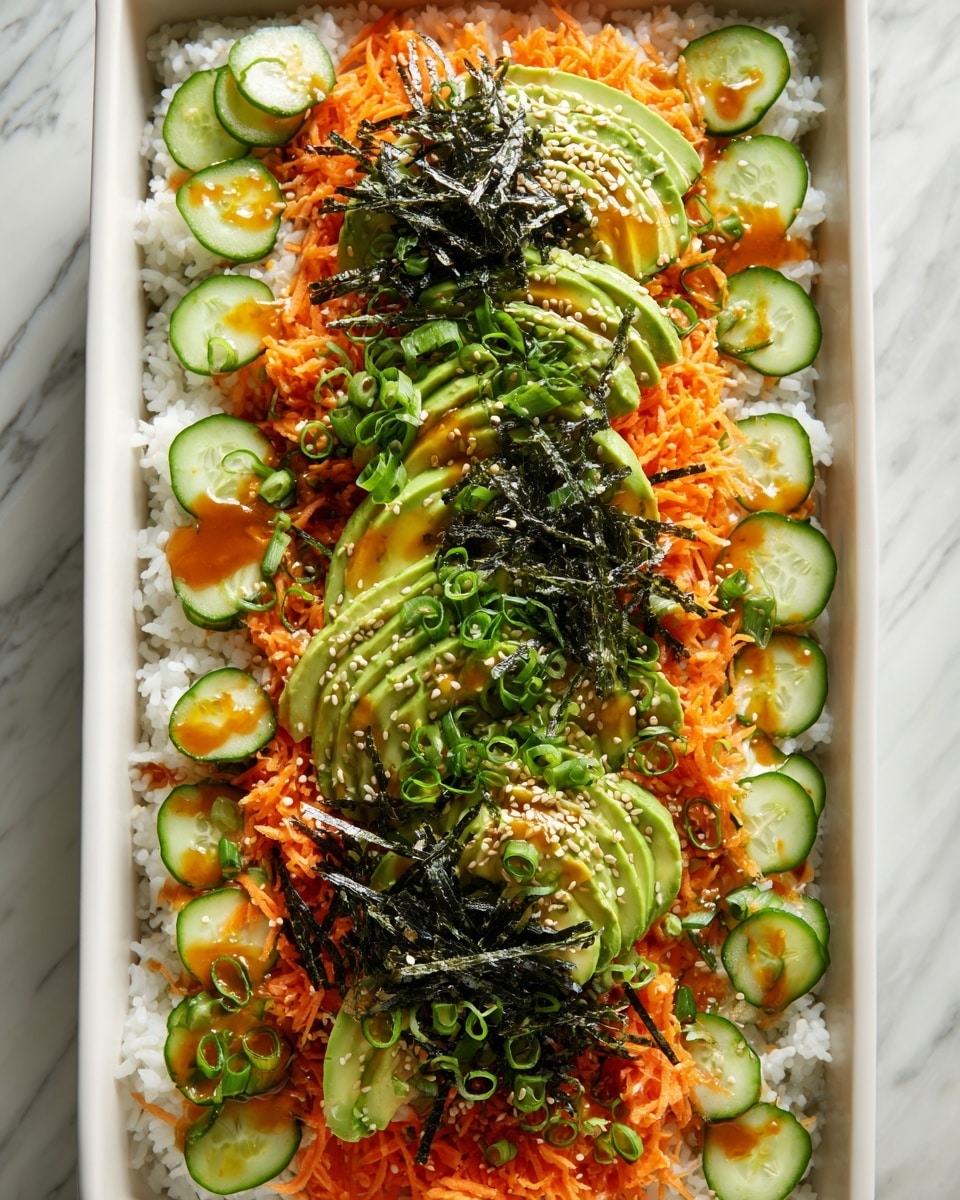 The dish is presented in a rectangular white dish filled with a base layer of white rice. On top of the rice, there is a neat layer of sliced cucumber arranged along the edges, showing a crisp light green color with dark green skin. Above the cucumbers, a generous layer of shredded bright orange carrots spread evenly across the dish adds texture and vibrancy. Next, thin slices of avocado are laid in the center, showing a smooth, pale green color fanned out neatly. Scattered green onion rings add fresh green accents across the carrots and avocado. Thin strips of black seaweed are piled in the middle atop the avocado, adding contrast and depth. Small white sesame seeds are sprinkled across the entire dish, and an orange sauce is drizzled lightly over the top, enhancing color and visual appeal. The dish rests on a white marbled surface, photo taken with an iphone --ar 4:5 --v 7