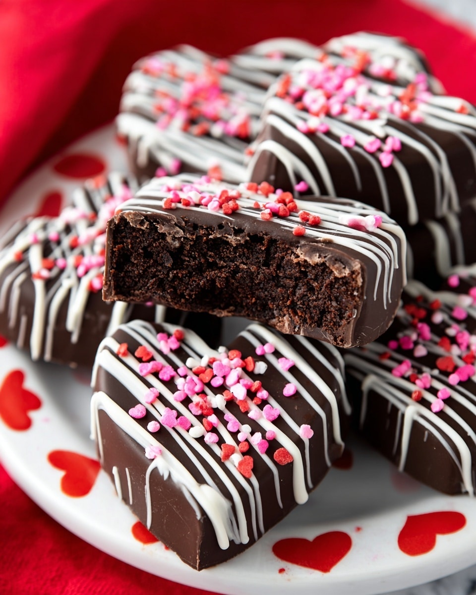 A heart-shaped white plate with a red dotted border is filled with heart-shaped cookies in three types: dark chocolate-coated with white drizzle and red, pink, and white sprinkles; bright pink coated with white drizzle and the same sprinkles; and white coated with colorful sprinkles. The plate sits on two heart-patterned napkins in reds and pinks placed on a white marbled surface. Around the plate, more heart-shaped cookies in the same three styles are scattered along with a white fluted bowl filled with red, pink, and white round sprinkles. The overall look is festive and colorful, perfect for Valentine's Day, with a mix of bright pinks, reds, white, and dark chocolate brown. photo taken with an iphone --ar 4:5 --v 7
