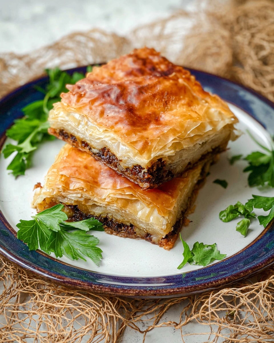 Two square pieces of layered pastry with a golden-brown top and crispy, flaky texture sit stacked on a white plate with a dark blue rim. The top layer is thin and shiny with slightly darker brown spots, while the middle layer shows a dark filling with a fine, crumbly texture. Fresh green parsley leaves are scattered around the plate for color contrast. The plate is placed on a white marbled textured surface with some light tan netting underneath. photo taken with an iphone --ar 4:5 --v 7