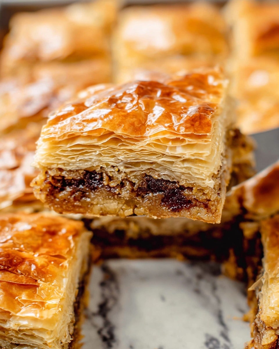 A close-up view of a piece of layered pastry pie being lifted, showing multiple thin layers of golden brown, flaky crust with a slightly shiny, crisp top layer. Inside, you can see a dark filling spread between the light, crunchy layers of pastry. The pie is cut into squares and sits on a tray with a white marbled texture beneath it in the background. The focus is sharp on the lifted piece, highlighting its crispy texture and the rich, dark filling inside, while the rest of the pie pieces remain slightly blurred behind. Photo taken with an iphone --ar 4:5 --v 7