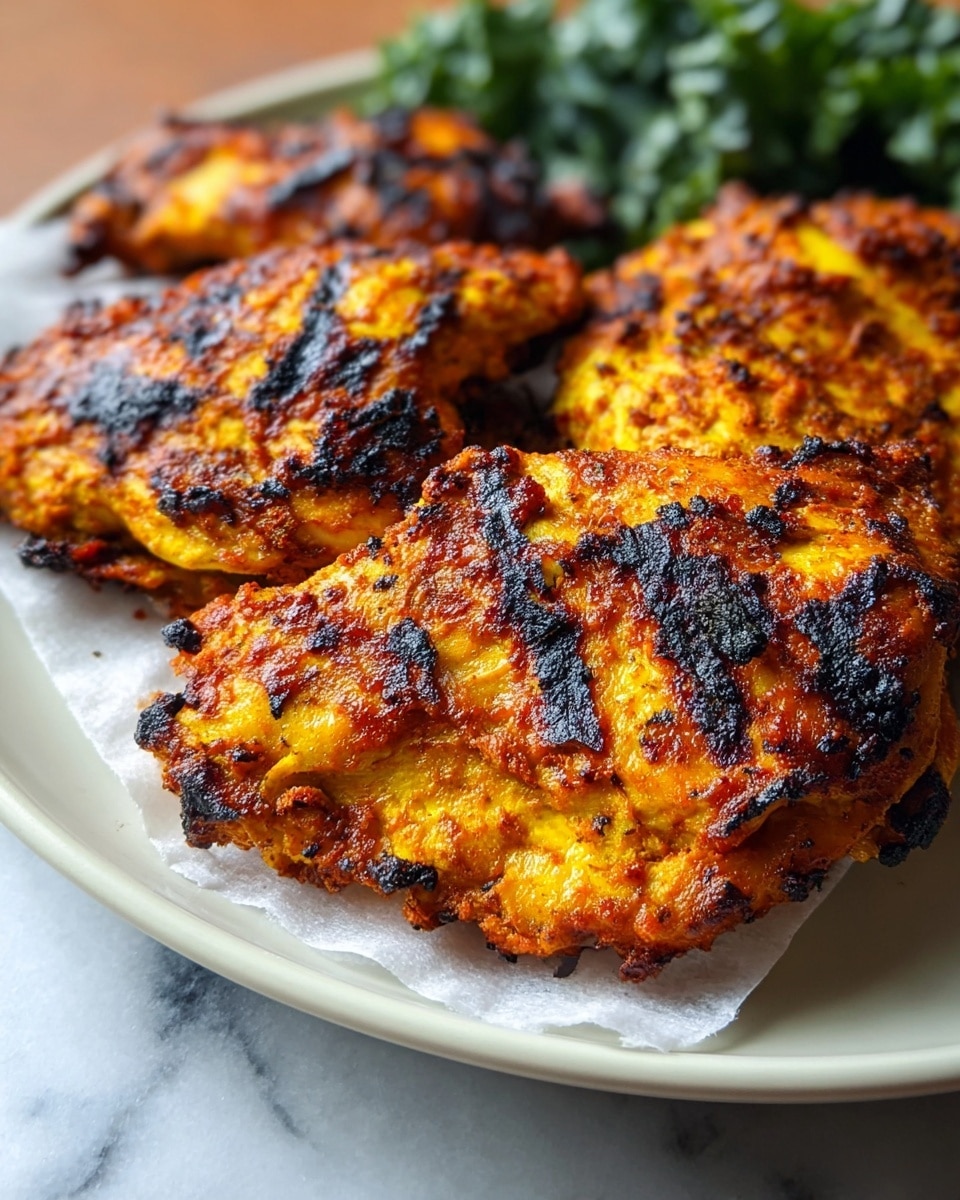 Three pieces of grilled chicken with a crispy, charred outside featuring orange and yellow colors, placed closely together on a white plate. The chicken shows blackened grill marks and a rough texture from the spices and cooking. Underneath the chicken, there is a layer of white paper. To the side, there is a small layer of dark green leafy vegetables. The plate is set on a white marbled textured surface. photo taken with an iphone --ar 4:5 --v 7
