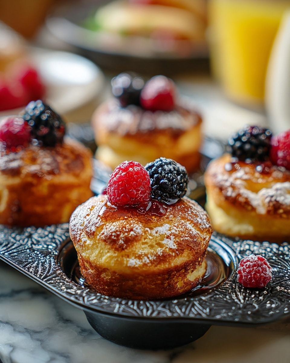 The image shows four small, golden-brown muffins with slightly crispy edges, placed on a dark aromatic baking tray. Each muffin has two layers: the bottom layer is the bumpy, baked muffin base with a soft texture, and the top layer is a slightly risen, smooth, and golden surface dusted with white powdered sugar. On top of each muffin, there is a shiny drizzle of syrup, along with a cluster of fresh berry fruit consisting of bright red raspberries and dark blackberries. Additional berries and powdered sugar are scattered around the tray, creating a textured and colorful contrast. The background includes a white marbled surface with soft light creating a warm, inviting atmosphere. photo taken with an iphone --ar 4:5 --v 7