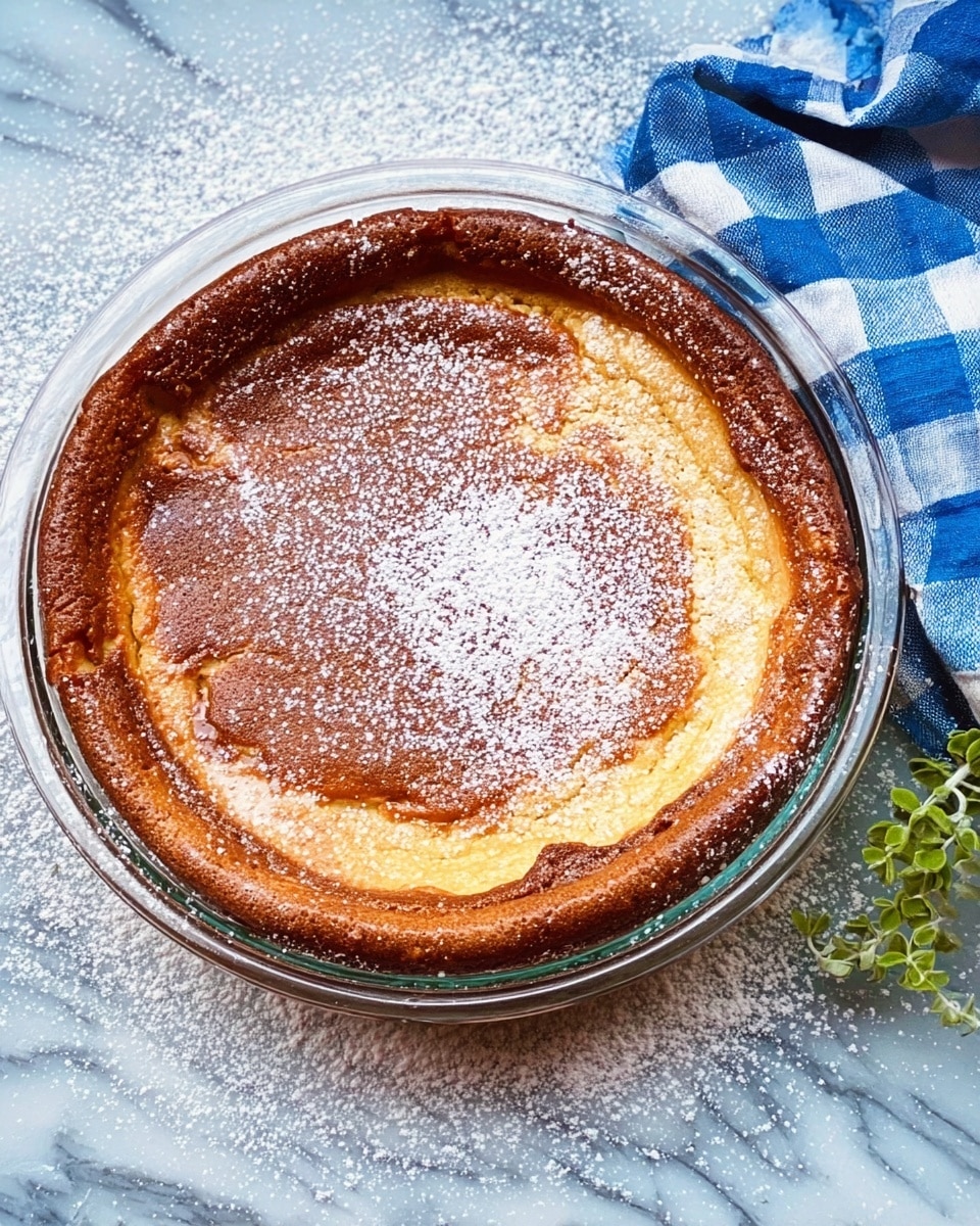 A golden brown pie with a slightly puffed and uneven top, dusted with a light layer of white powdered sugar. The pie sits in a clear glass pie dish, and powdered sugar is scattered both around the dish and on a white marbled surface beneath it. To the right side, there is a folded blue and white checkered cloth with a small bunch of green parsley placed beside it. The image shows texture in the crust with darker golden edges contrasting the lighter center, creating a warm and homemade feel. Photo taken with an iphone --ar 4:5 --v 7