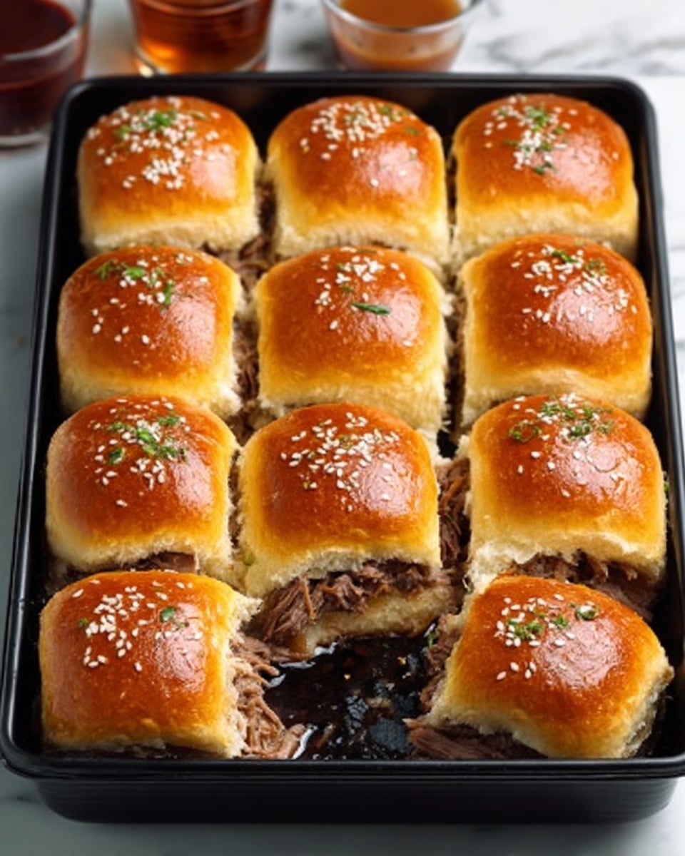 A black baking tray filled with twelve golden-brown slider buns arranged in a 4x3 grid, each bun topped with sesame seeds and herbs. Two buns are slightly pulled apart, showing a layer of shredded meat inside that is light brown with a juicy texture. The buns have a soft, shiny, and slightly crusty surface. The tray is placed on a white marbled surface with some sauce containers blurred in the background. Photo taken with an iphone --ar 4:5 --v 7
