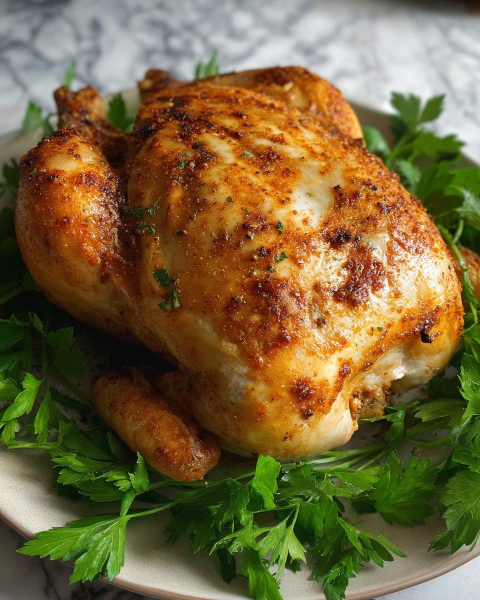 A whole chicken with smooth light golden skin and specks of brown seasoning lies in the center of a black slow cooker. The chicken is positioned breast-side up with its legs and wings close to the body, resting in a dark liquid base inside the cooker. The smooth skin shows a slightly moist texture, and the seasoning looks evenly spread across the top. The slow cooker itself has a shiny black interior and exterior, and it sits on a white marbled surface. photo taken with an iphone --ar 4:5 --v 7