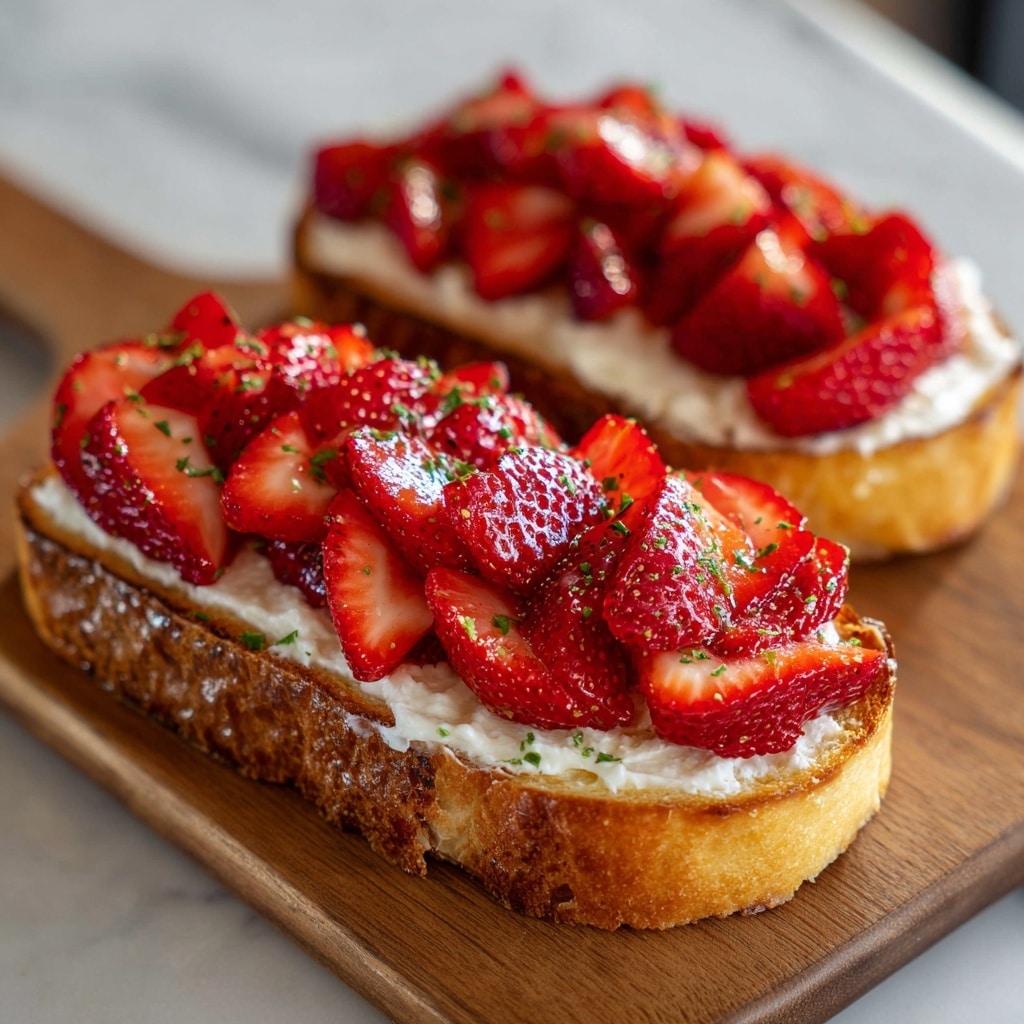 Two pieces of toasted bread sit on a wooden board, each topped with a thick layer of white creamy cheese. On top of the cheese, there is a generous layer of fresh, bright red sliced strawberries arranged neatly to cover the surface. The strawberries are glossy, showing a light drizzle of honey or syrup, and sprinkled with small green herb pieces along with coarse grains of salt, adding texture and color contrast. The bread’s edges are golden brown and slightly crispy, creating a warm base for the fresh cream and berries. The photo taken with an iphone --ar 4:5 --v 7