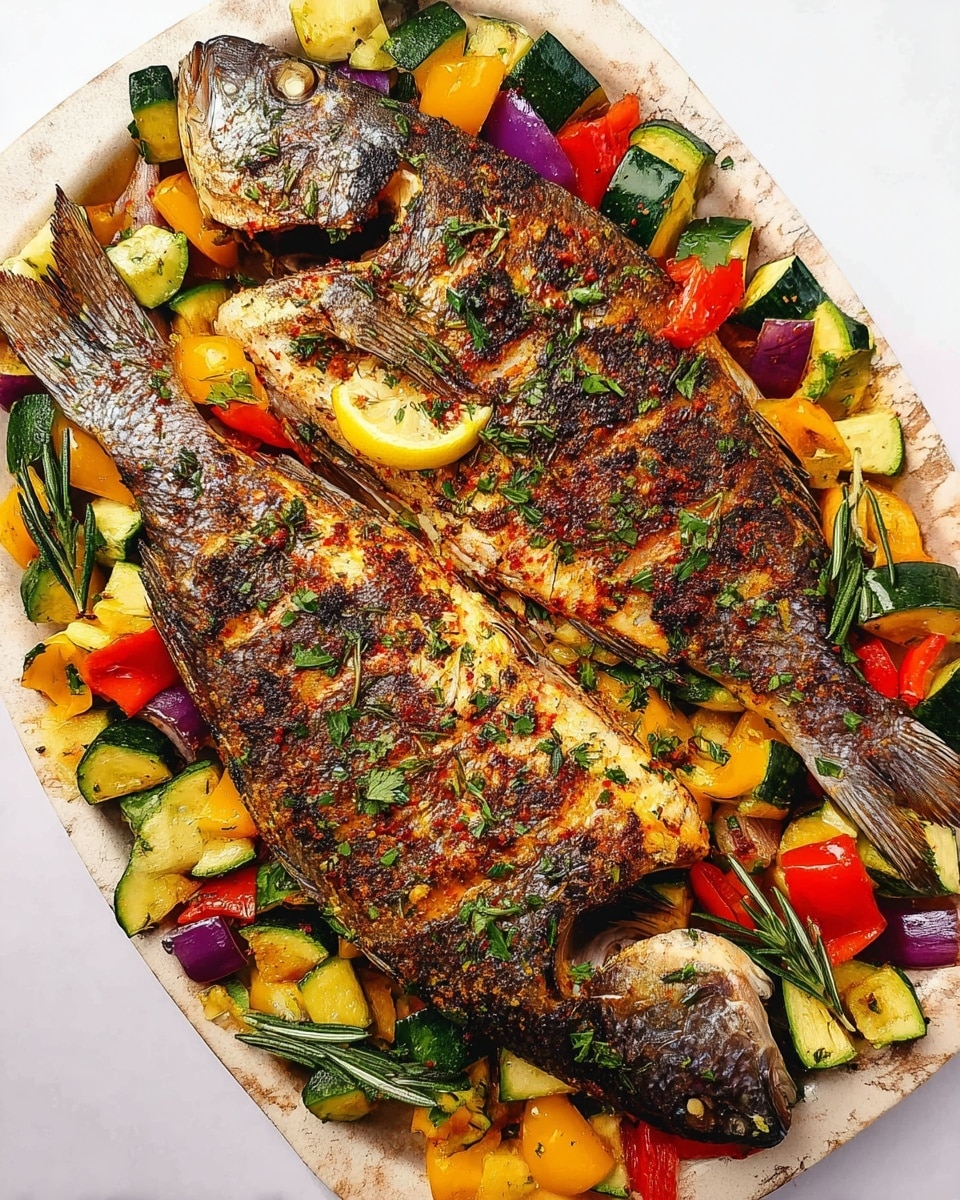 Two whole grilled fish covered in herbs and spices, each with a slice of lemon tucked underneath, lie side by side on a white plate with a marbled texture. Around the fish, there is a colorful mix of cooked vegetables including green zucchini slices, red bell peppers, purple onion chunks, and yellow pieces, creating a vibrant border. Small green parsley leaves are sprinkled over the fish and vegetables, with sprigs of rosemary placed on the sides for garnish. The fish skin has a crispy, slightly charred texture with a golden-brown color. Photo taken with an iphone --ar 4:5 --v 7