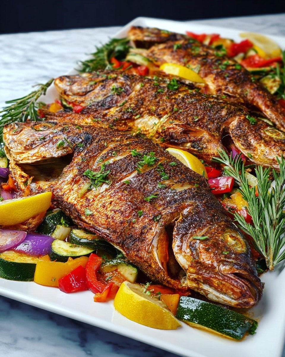 The image shows three whole grilled fish with a golden-brown crispy skin topped with small green parsley leaves. The fish rest on a bed of colorful grilled vegetables that include chopped red peppers, green zucchini slices, purple onion pieces, and yellow squash. Thin slices of lemon are placed under and between the fish. Fresh green rosemary sprigs decorate the dish for added color. All this is served on a large white square plate, sitting on a white marbled surface. The colors are rich and vibrant, highlighting the texture of the grilled fish and vegetables. photo taken with an iphone --ar 4:5 --v 7