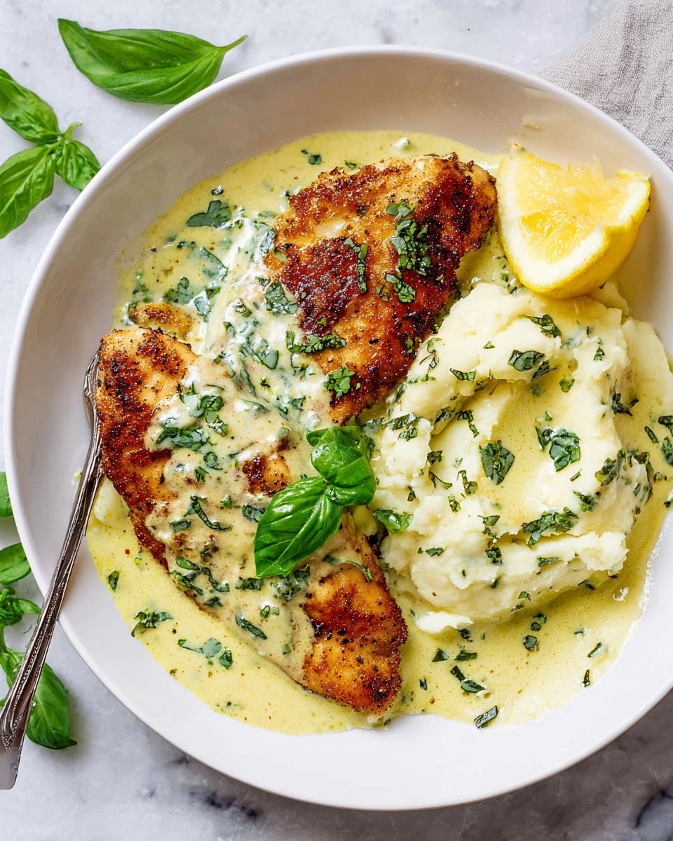 A white plate holds two crispy, golden-brown fish fillets lying side by side, partially covered by a creamy light yellow sauce with green herbs mixed in and topped with fresh green basil leaves. To the right of the fish is a generous scoop of creamy mashed potatoes, also drizzled with the same herby sauce and sprinkled with fresh chopped herbs. A wedge of bright yellow lemon peeks out from the side near the mashed potatoes. The plate sits on a white marbled surface with a few scattered fresh green basil leaves around, and a silver fork resting at the plate edge. Photo taken with an iphone --ar 4:5 --v 7