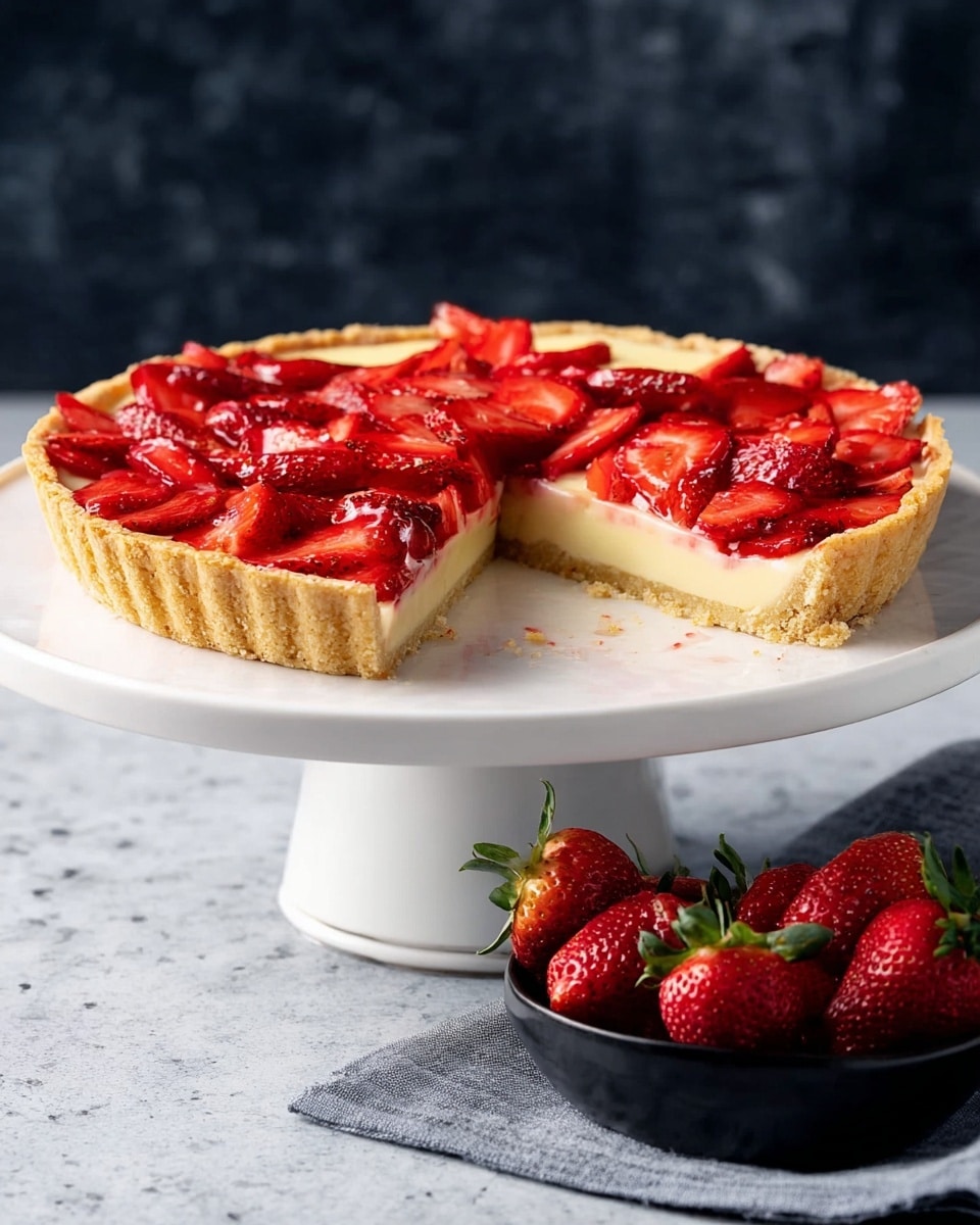 A round tart with three visible layers sits on a white marbled surface. The bottom layer is a light golden-brown crust with a slightly scalloped edge. The middle layer is a smooth, creamy pale yellow filling that evenly covers the crust. On top, there is a thick, glossy layer of sliced strawberries arranged closely together in concentric circles, ranging in color from deep red to a lighter red with shiny, wet-looking textures. The contrast between the golden crust, pale yellow cream, and bright red strawberries makes the tart look fresh and appetizing. Photo taken with an iphone --ar 4:5 --v 7
