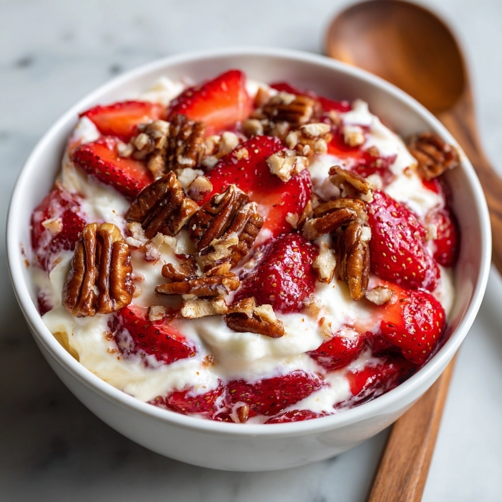 A white bowl sits on a wooden surface with a dessert made of three main layers. The bottom layer is soft white whipped cream mixed with fresh bright red strawberry slices that show their juicy texture. Above this is a thick layer of whole and halved strawberries, shining with a fresh, glossy look. The top layer is a mix of crunchy, toasted pecans and twisted pretzels, both golden brown, scattered generously and drizzled with a light caramel sauce. In the background, the surface is a white marbled texture with some blurred whole strawberries. photo taken with an iphone --ar 4:5 --v 7