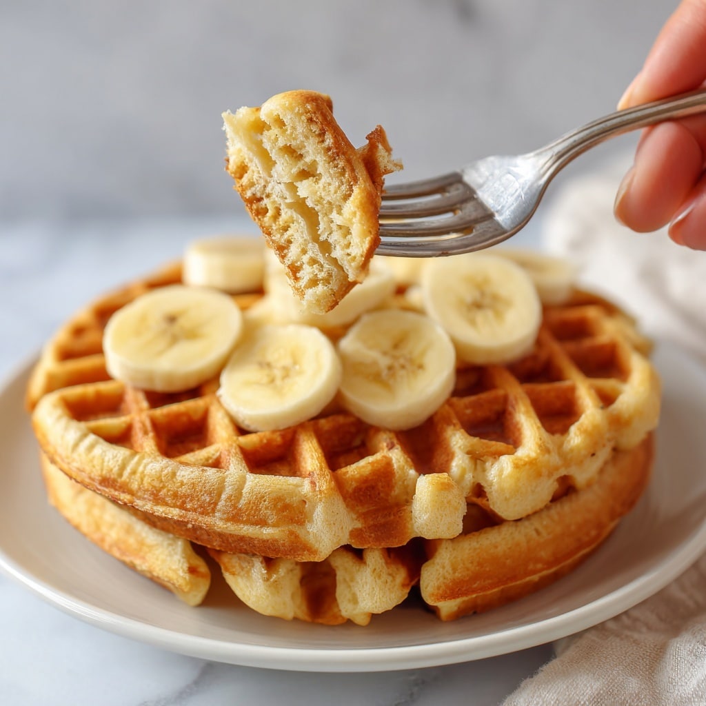 A single round golden waffle with a grid pattern is placed on a white plate. On top, there is a dollop of thick white cream in the center, surrounded by seven slices of banana arranged evenly. The waffle shows a shiny texture with syrup filling some of the grid gaps and spilling slightly onto the plate below. A metal fork rests on the right side of the plate, and the scene is set on a white marbled surface with a soft cloth nearby. Photo taken with an iphone --ar 4:5 --v 7