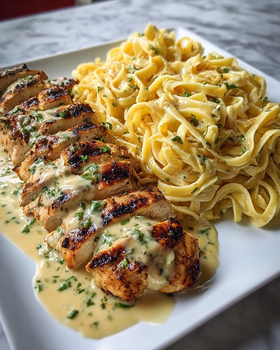 The dish features two main layers on a white rectangular plate set against a white marbled surface: on the left, there are six pieces of grilled chicken arranged in a neat row, each piece showing dark brown char marks with a creamy light beige sauce drizzled over, speckled with chopped green herbs; on the right side is a generous mound of creamy fettuccine pasta coated in a smooth, pale yellow sauce mixed with small green herb flecks, the pasta strands curling loosely and piled high. Photo taken with an iphone --ar 4:5 --v 7