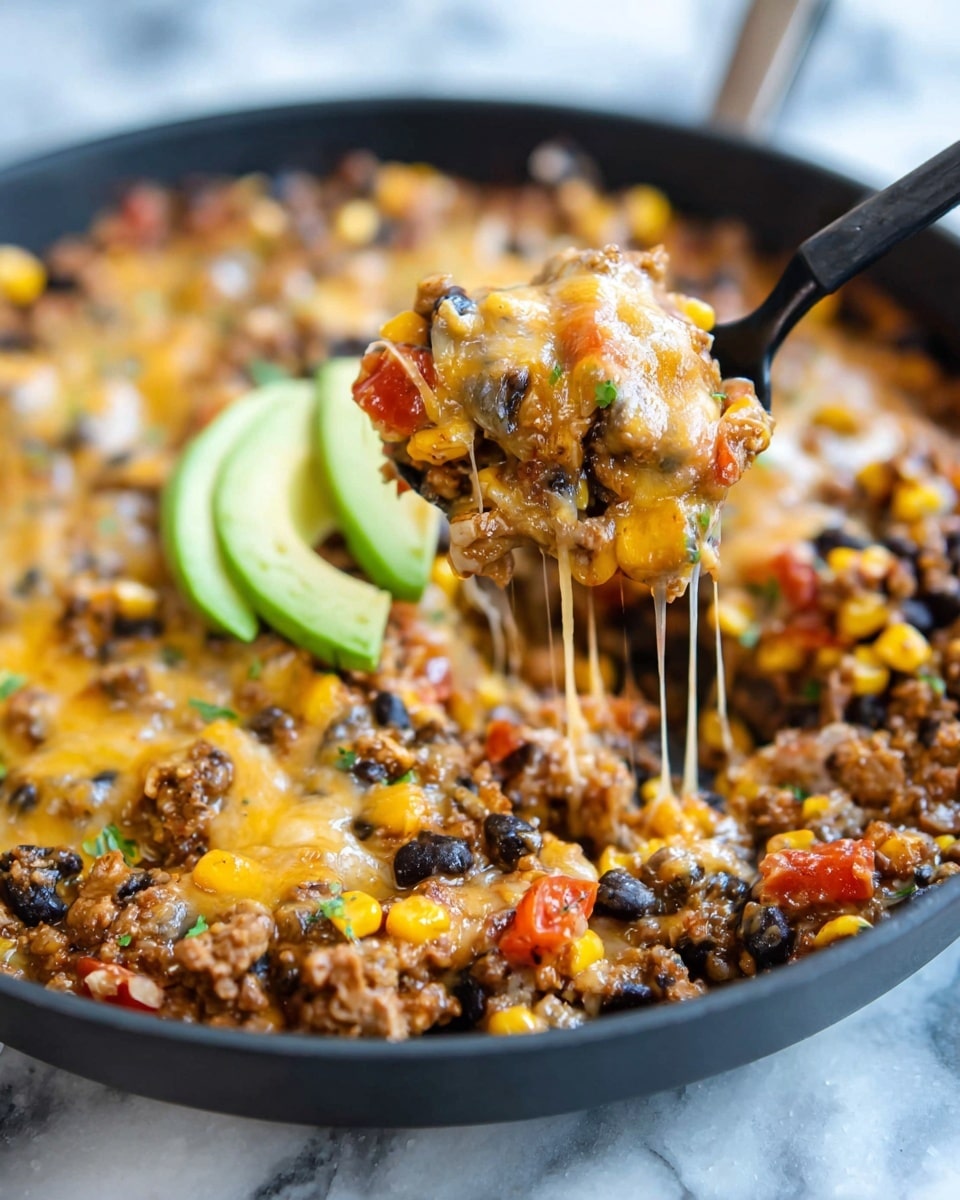 A round black pan filled with a thick layer of cheesy taco mixture, including melted yellow and white cheese, ground meat, black beans, corn, diced tomatoes, and small bits of green herbs all mixed evenly across the surface. On top, a fan of bright green avocado slices is placed in the center. In the background, a halved avocado and a wooden bowl of tortilla chips sit on a white marbled surface. photo taken with an iphone --ar 4:5 --v 7