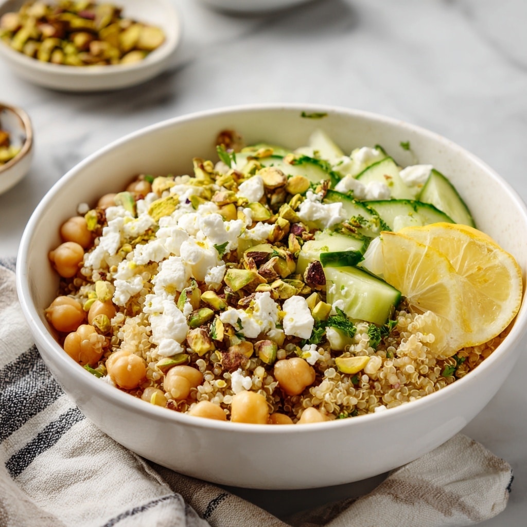 A white bowl filled with a three-layered salad placed on a white marbled surface. The bottom layer is light beige quinoa mixed with small green pieces of herbs, chickpeas, and red onion bits. The middle layer has white crumbled cheese sprinkled generously over the quinoa, adding texture. The top layer includes chopped pistachio nuts scattered for crunch, and two bright yellow lemon wedges rest on one side of the bowl. A silver fork is placed inside the bowl on the left side. In the background, there is a white bowl with pistachios and a small white bowl with yellow salad dressing. Fresh green parsley leaves lie around the bowl. Photo taken with an iphone --ar 4:5 --v 7