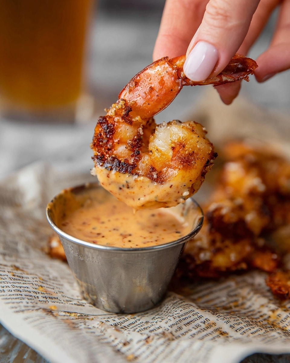 A pile of cooked shrimp with a rich reddish-brown spice coating sits on top of a newspaper sheet. The shrimp are plump and curled, showing both the smooth orange-pink sections and charred dark spices. In the bottom left, a small, round metal cup filled with a creamy light brown sauce with specks of seasoning is placed next to the shrimp. Near the top left edge, part of a glass filled with a light-colored drink is visible. The surface beneath everything is a white marbled texture. Photo taken with an iphone --ar 4:5 --v 7