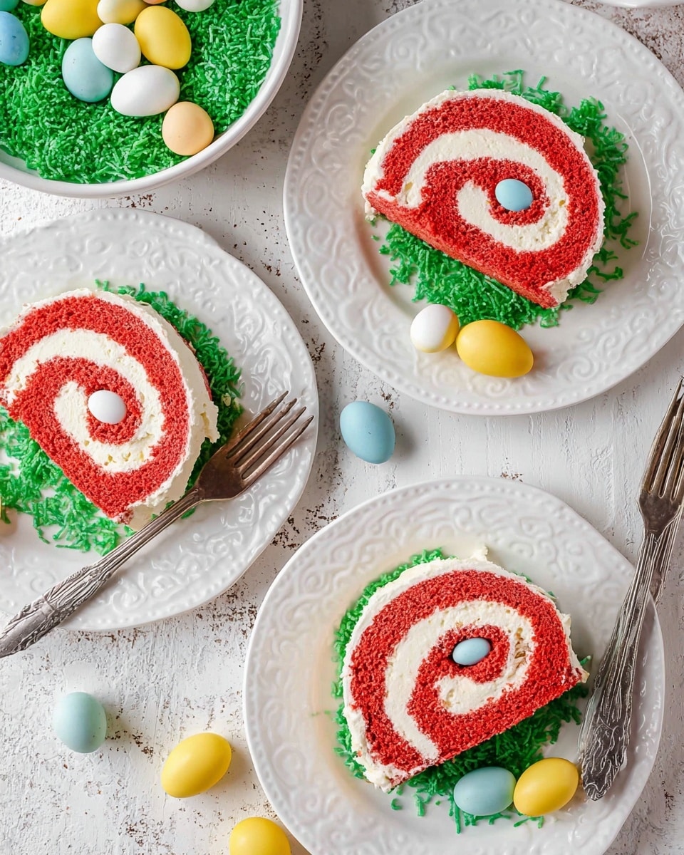 Three slices of red and white swirl cake rolls are placed on white ornate plates on a white marbled texture surface. Each cake roll has a bright red outer sponge layer and a white creamy swirl inside, with small candy eggs nestled in the cream. Around the plates, bright green shredded coconut resembling grass and colorful candy eggs in yellow, blue, white, and beige are scattered. Two silver forks rest beside two of the plates. A white bowl filled with more green shredded coconut and candy eggs sits in the bottom left corner. Photo taken with an iphone --ar 4:5 --v 7