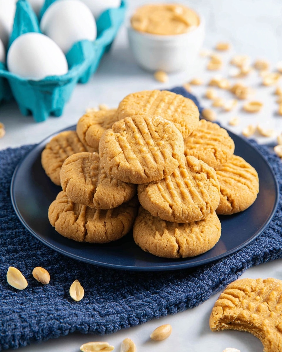 A stack of three golden brown peanut butter cookies sits on a soft blue cloth on a white marbled surface. Each cookie is round with a slightly crumbly texture and features a crisscross fork pattern on top, with visible sugar crystals sparkling on the surface. A few pieces of shelled peanuts rest at the base of the stack, adding a natural touch. The focus is sharp on the cookies, showing their delicate edges and soft center. Photo taken with an iphone --ar 4:5 --v 7