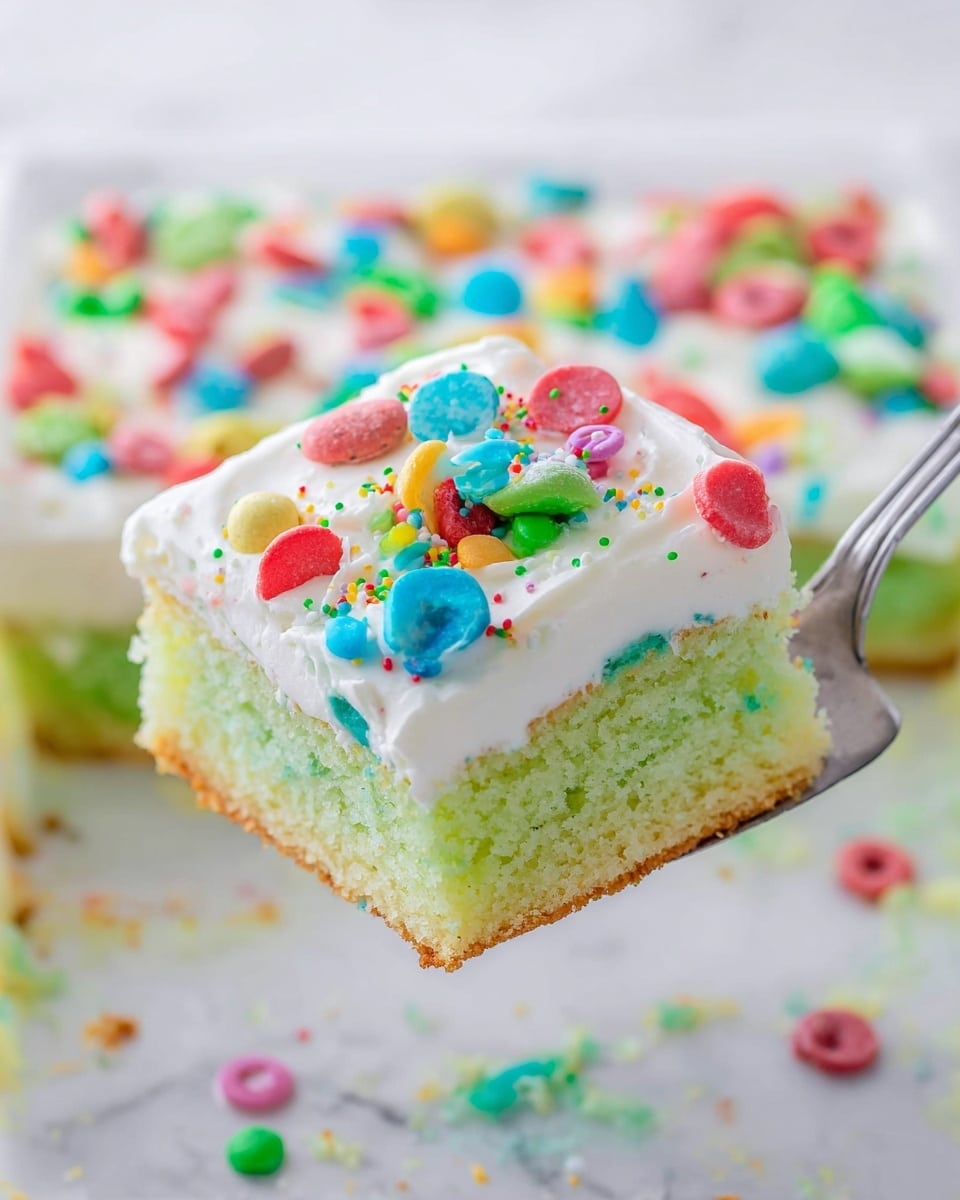 A square piece of cake with two visible layers: the bottom layer is a soft, light green sponge cake, and the top layer is thick white frosting decorated with colorful sprinkles and candy pieces in bright colors like red, blue, pink, yellow, and green. The cake square is being lifted by a metal spatula, showing the texture of the cake and the smooth frosting on top. The background is a white marbled texture with scattered colorful sprinkles and candies. Photo taken with an iphone --ar 4:5 --v 7