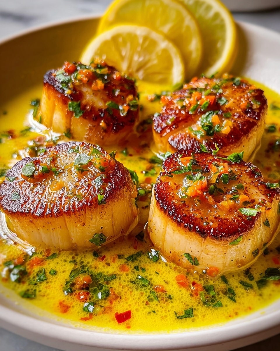 The image shows five scallops with a golden-brown crust on their top layer, each topped with small bits of green herbs and red seasoning. They are sitting in a shallow layer of yellow sauce with visible chopped green herbs and small pieces of red and white ingredients around them. In the background, there are two lemon slices adding a bright yellow color to the scene. All the food is placed inside a white bowl on a white marbled surface. photo taken with an iphone --ar 4:5 --v 7