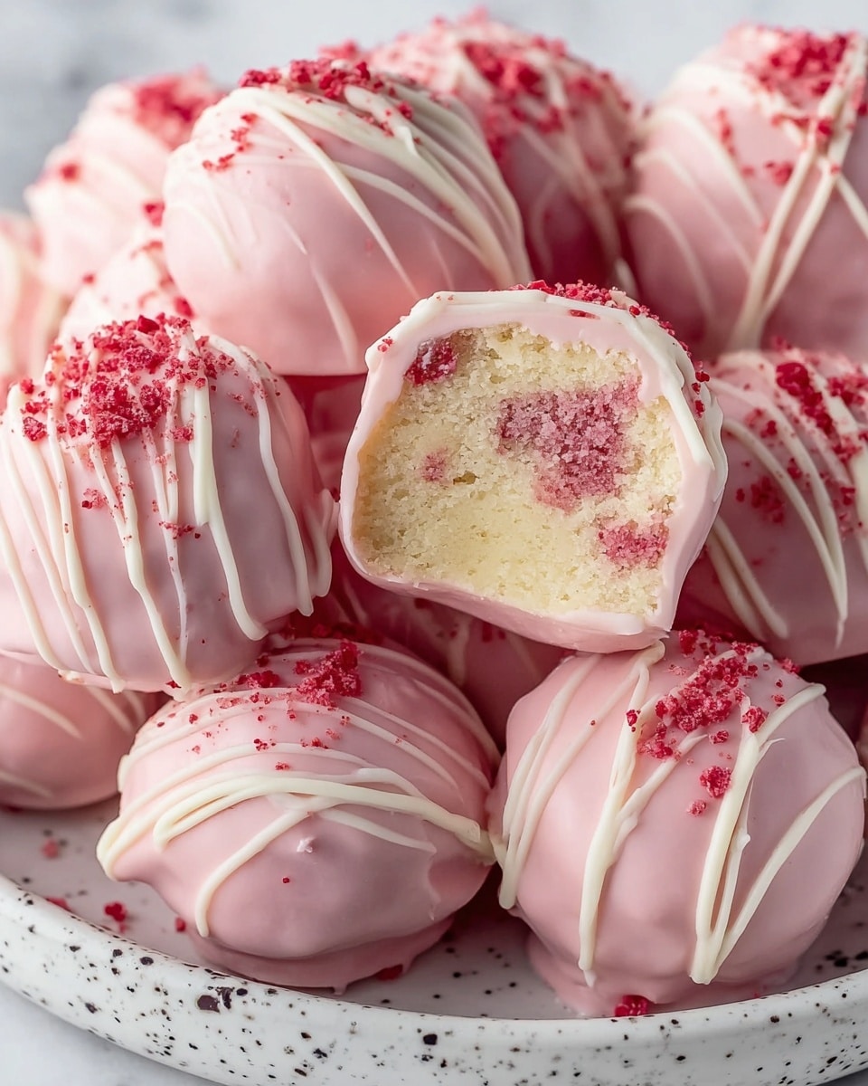 The image shows a white plate full of small round pink cake balls. Each cake ball is covered in a smooth pink coating and decorated with thin, uneven white drizzles on top. Bright red crumb sprinkles are scattered over the cake balls, adding texture and color contrast. The cake balls are stacked closely together on the plate, with a few crumbs scattered around the edge. The background is a white marbled texture. photo taken with an iphone --ar 4:5 --v 7