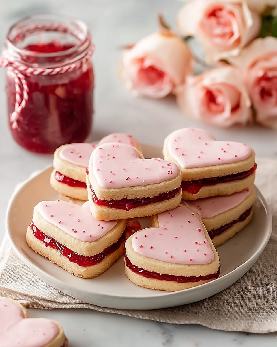 A heart-shaped cookie with three visible layers sits on a white marbled textured surface covered by a sheet of crumpled white paper. The bottom and middle layers are light golden-brown, crunchy cookie layers with a crumbly texture. Sandwiched between them is a thick, glossy layer of deep red jelly that slightly oozes out from the side. The top layer is a light pink icing, smooth and slightly shiny, with tiny red specks scattered across its surface. Behind the cookie, there is a blurred jar of jam tied with a red and white string, and some soft pink rose petals are faintly visible in the background. photo taken with an iphone --ar 4:5 --v 7