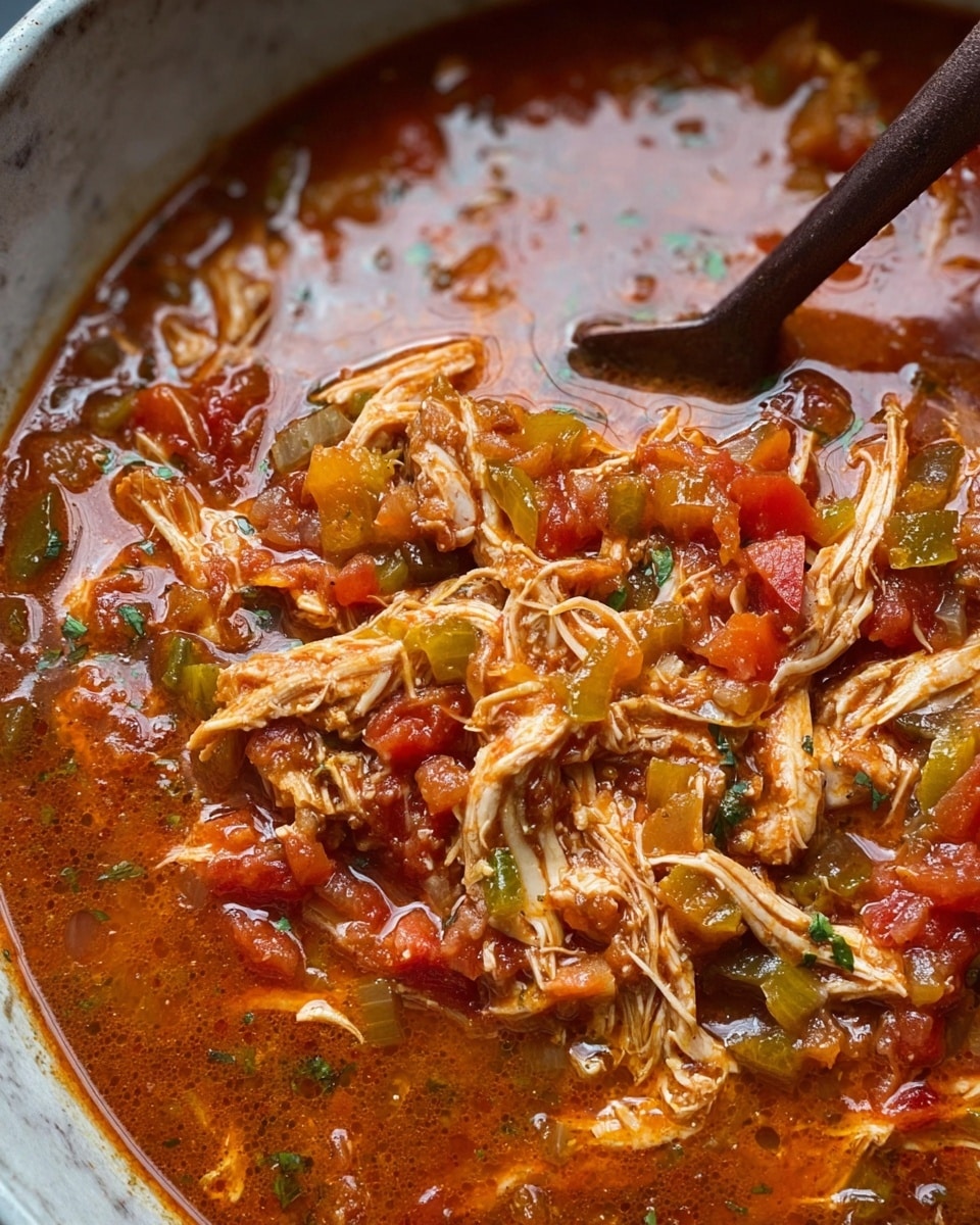 A close-up view of a rich stew with shredded chicken mixed with chunks of red, yellow, and green peppers in a thick, reddish-orange broth; the stew has visible pieces of tomato and onion, with the chicken strands soft and coated with the sauce, and a dark brown ladle partially submerged on the right side, all placed against a white marbled texture background. photo taken with an iphone --ar 4:5 --v 7