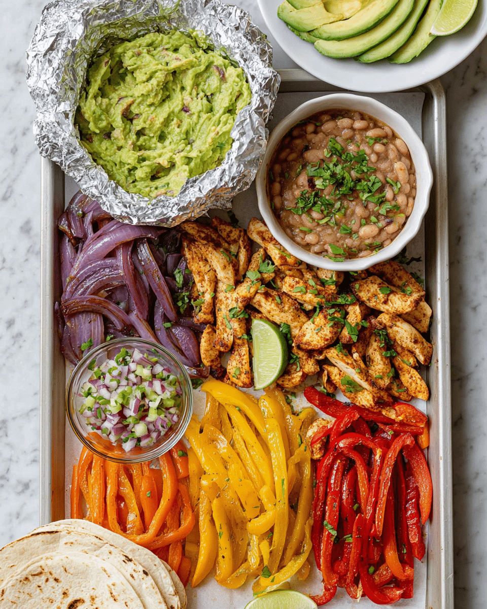 The image shows a metal baking tray filled with four main layers arranged side by side: on the left, slices of cooked orange bell peppers mixed with lime wedges; next to it, a layer of cooked purple onions sprinkled with chopped green herbs and lime wedge; then yellow bell pepper slices with some green herbs and lime wedge; followed by bright red bell pepper slices and cooked, seasoned chicken strips garnished with chopped green herbs and lime wedges. Above the tray, there is a stack of tortillas wrapped in foil, placed in a white bowl. To the right, there is a white bowl filled with creamy brown refried beans topped with some chopped green herbs. At the bottom left corner, there is a clear glass bowl with chunky green guacamole, and nearby, there is a small glass bowl of fresh tomato salsa. The scene is set on a white marbled surface. Photo taken with an iphone --ar 4:5 --v 7