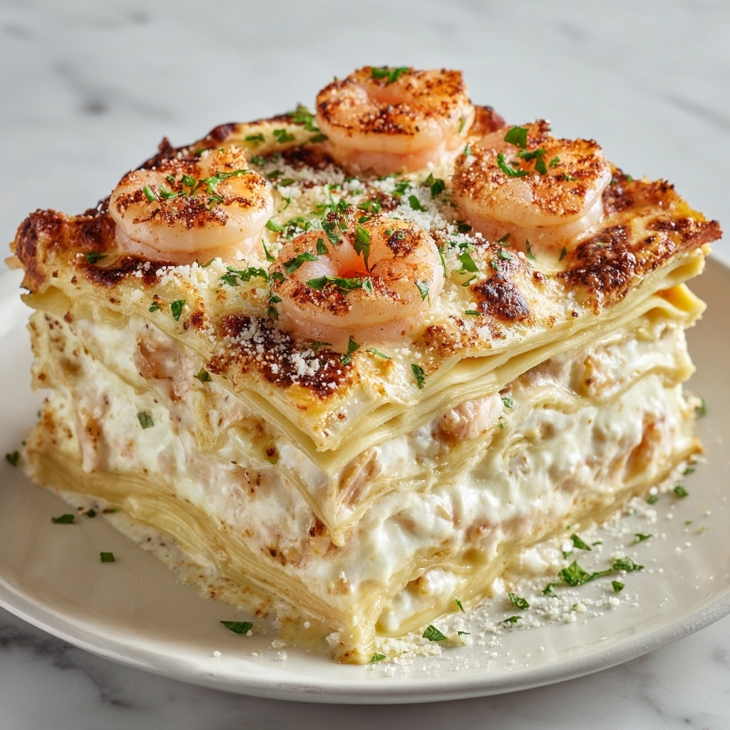 A tall piece of shrimp lasagna on a white plate sits on a white marbled surface. The lasagna has four visible layers of smooth, pale yellow pasta sheets. Between the pasta layers are creamy white cheese mixed with small pink shrimp. The top layer is covered with browned melted cheese, some edges crispy and golden, with several whole shrimp placed on top and sprinkled with chopped green herbs and a light dusting of grated cheese. The texture looks rich and creamy with a slight crunch from the browned cheese topping. photo taken with an iphone --ar 4:5 --v 7