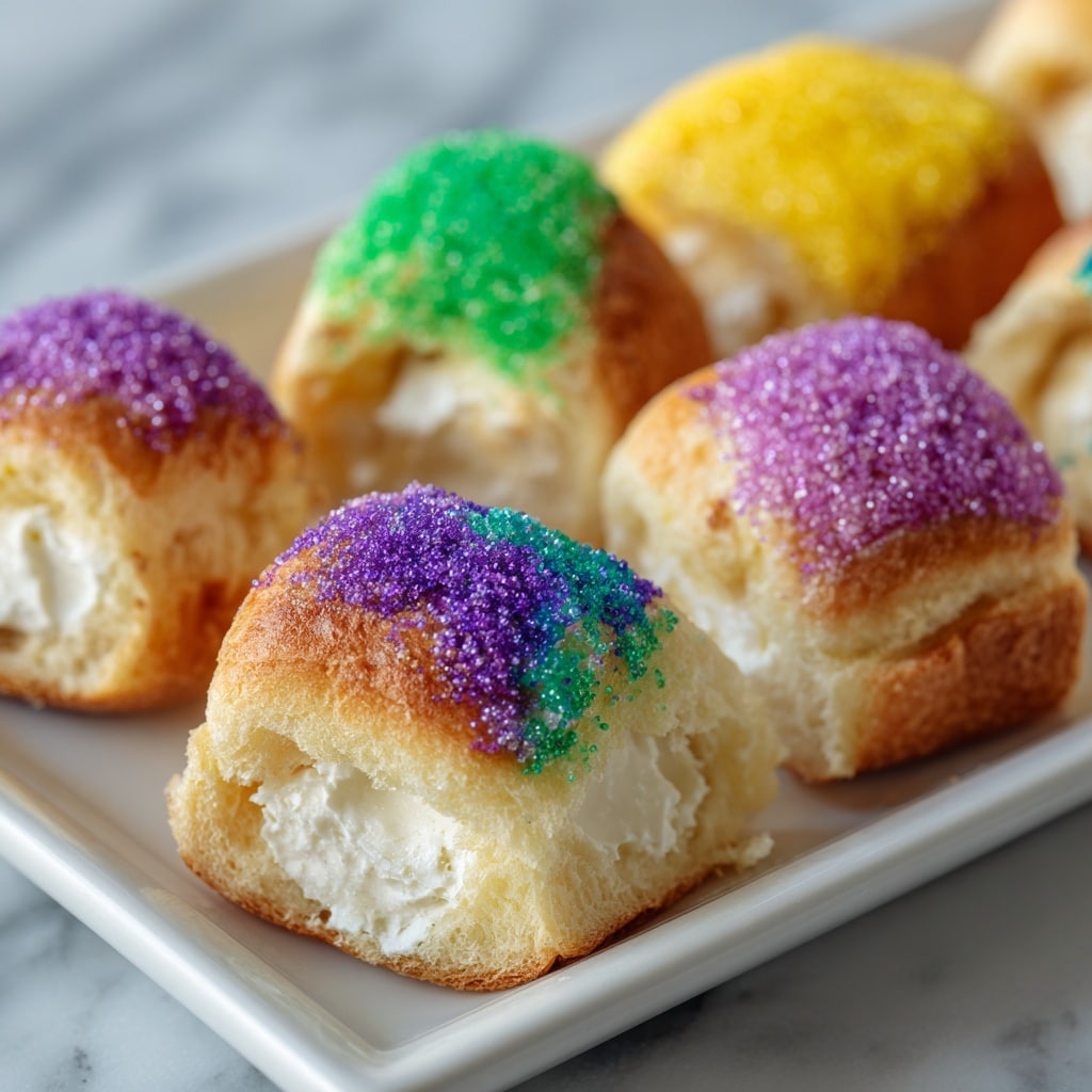 The image shows small square-shaped King Cake Bites arranged on a white plate with a smooth surface, placed on a white marbled background. Each bite has a soft beige dough base with a creamy white filling layer visible inside the fold. The top of each bite is covered in colorful sugar crystals in three sections: bright purple, yellow, and green, giving a sparkling look. The texture of the dough appears fluffy and slightly layered, while the sugar on top adds a rough, glittery contrast. The bites are shown close-up in soft focus, making the nearest one very clear and the others softly blurred in the background. photo taken with an iphone --ar 4:5 --v 7