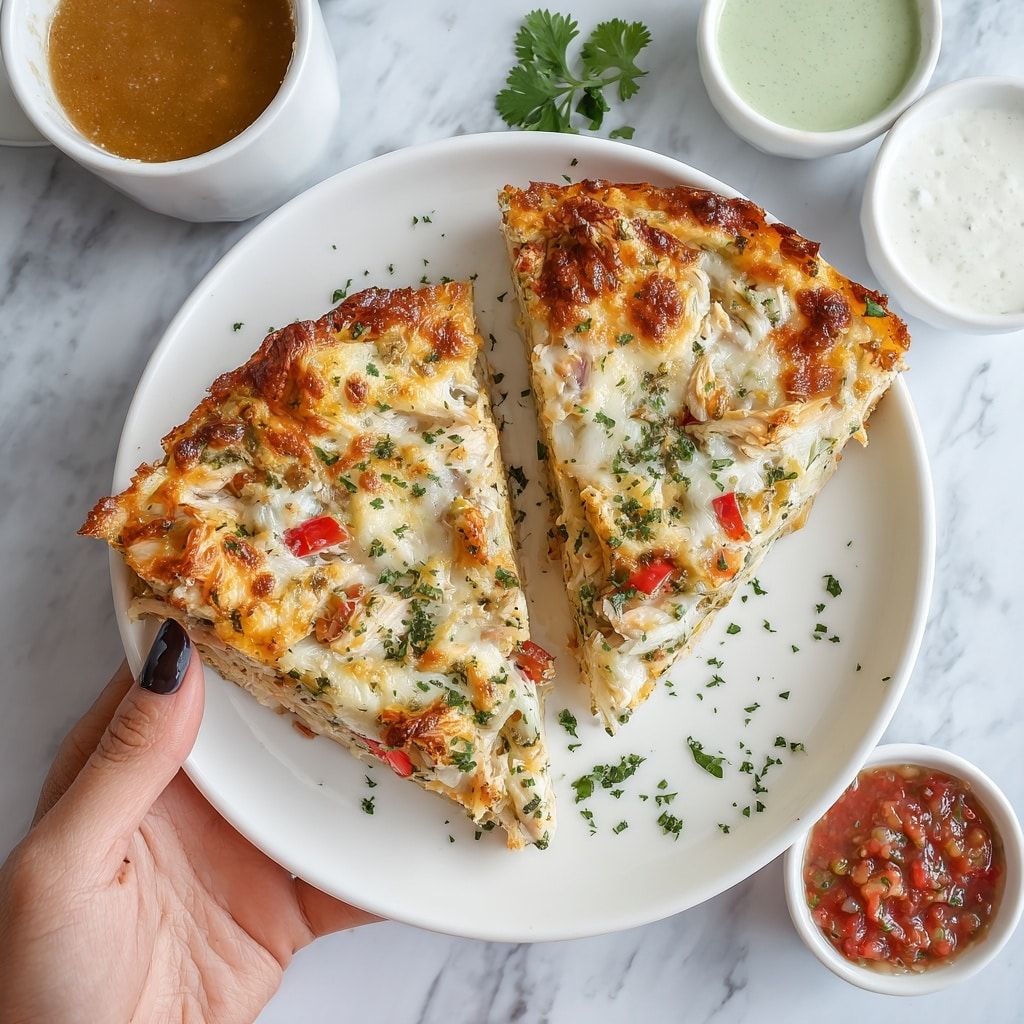 The image shows two triangular slices of a baked dish on a white plate, each slice with a golden-brown cheesy layer on top sprinkled with small green herbs. Under the cheese layer, there are visible chunks of shredded chicken and pieces of red bell pepper, giving a mix of white and red colors. The plate rests on a white marbled surface with three small white bowls around it containing light green creamy sauce, white cream, and red chunky salsa. A woman's hand is holding the left side of the white plate. photo taken with an iphone --ar 4:5 --v 7