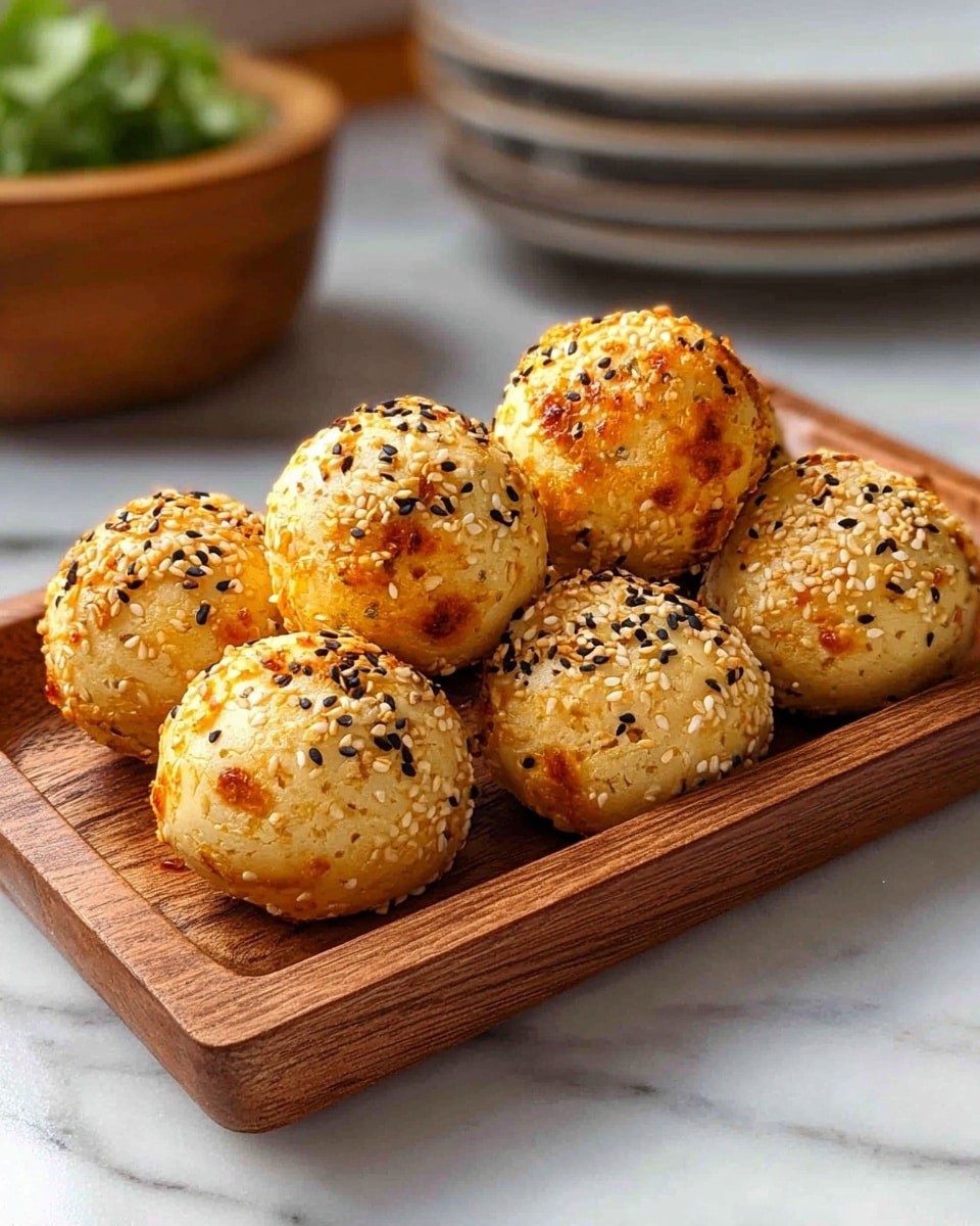 A wooden tray holds a group of round, golden-brown baked buns speckled with black and white sesame seeds and small bits of orange cheese, showing a crunchy texture on top. The buns are slightly puffy and tightly packed together, forming a neat pile that fills the tray’s space. In the background, there is a wooden bowl and a stack of three white bowls, all containing creamy white sauce with bits of green herbs, with a wooden spoon resting in the top bowl. The surface beneath everything is a white marbled texture, giving a clean and fresh look to the setting. photo taken with an iphone --ar 4:5 --v 7