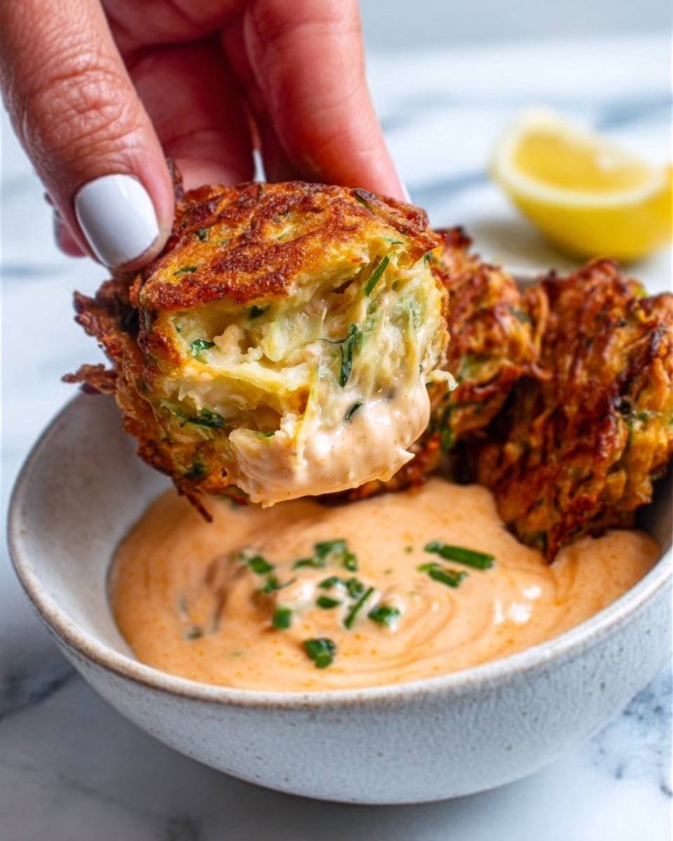 The image shows a close-up of golden-brown fritters with green bits, placed on a white plate. A small white bowl filled with creamy orange dipping sauce sits among the fritters. A woman's hand is dipping one fritter into the sauce, with the sauce visible on the fritter’s edge. The plate is set on a white marbled surface with a soft blue cloth in the background. Small green herbs garnish the plate around the fritters, adding a fresh touch. Photo taken with an iphone --ar 4:5 --v 7