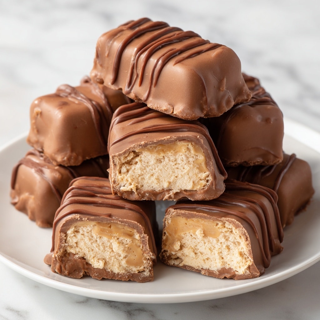 A white plate filled with several homemade keto musketeer candy bars, each bar coated in smooth, shiny milk chocolate with a slightly wavy drizzle pattern on top. The candy bars are rectangular with rounded edges, stacked in a small pile. At the front of the plate, two bars are cut in half, revealing a soft, creamy, light brown mousse-like filling with a fluffy, airy texture inside. The background features a white marbled surface. Photo taken with an iphone --ar 4:5 --v 7