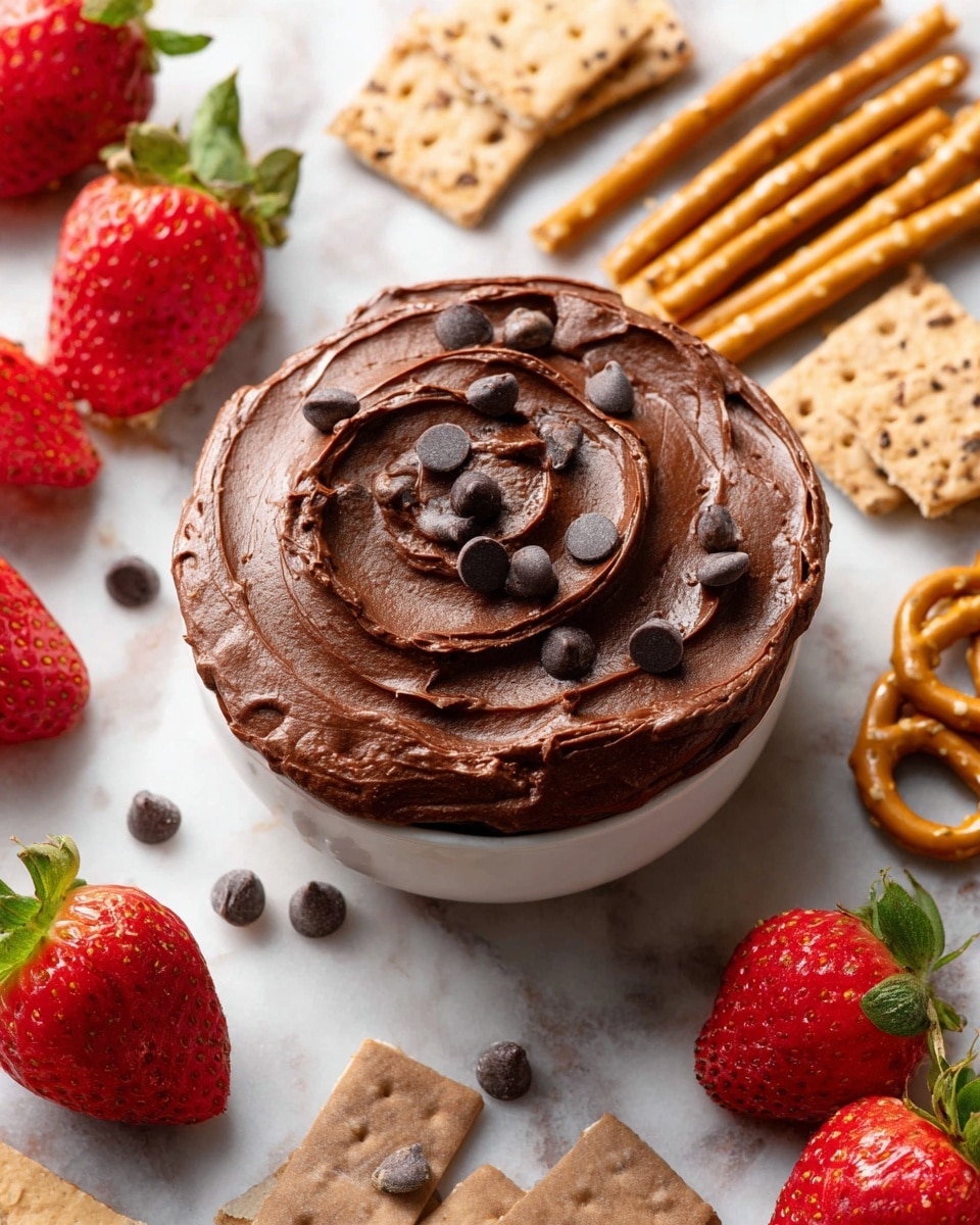 A bowl filled with smooth, thick chocolate mousse topped with small dark chocolate chips in swirled patterns sits at the center of a white marbled surface. Surrounding the bowl, there is a mix of crunchy light brown pretzels with a shiny texture, soft golden brown graham crackers standing upright, fresh red strawberries with bright green leaves, and round beige chocolate chip cookies with visible dark chocolate pieces embedded. The arrangement shows layers of different textures and colors from the creamy mousse in the middle to the crisp snacks and fresh fruit around the edges. photo taken with an iphone --ar 4:5 --v 7
