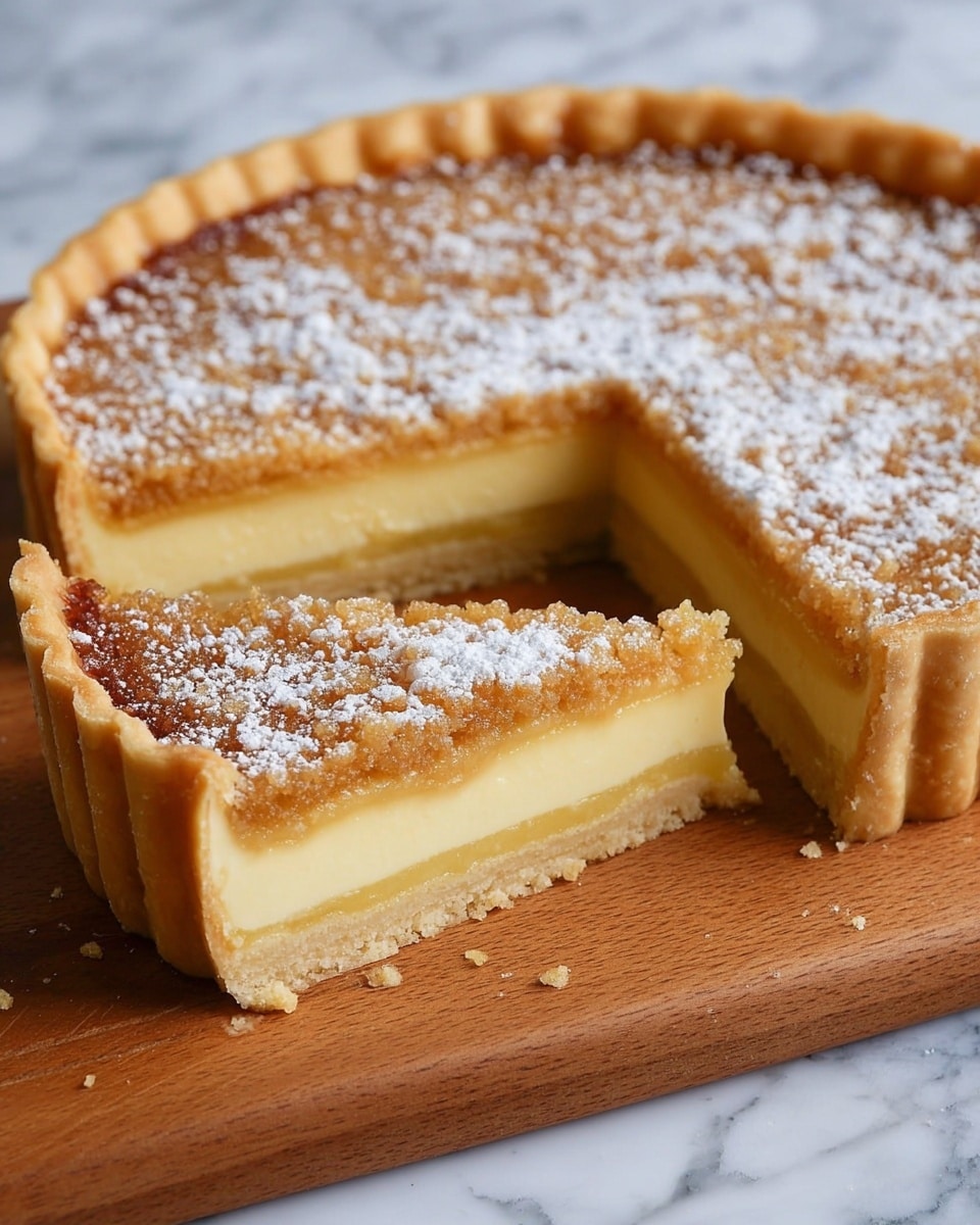 A close-up view of a tart with three distinct layers, placed on a wooden surface, with a slice slightly pulled out. The bottom layer is a golden crumbly crust with a rough texture, forming the base and edges of the tart. The middle layer is smooth and creamy, light yellow in color, thick and firm. The top layer is a darker brown, slightly crumbly with a textured, sugary surface. The tart’s edge is uneven and crumbly, matching the crust’s light golden color. The background is a soft white marbled texture. Photo taken with an iphone --ar 4:5 --v 7