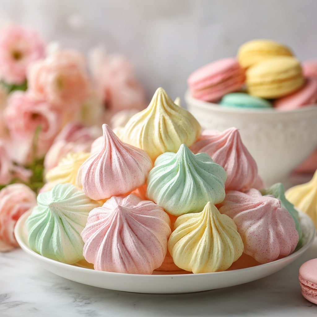 A white round plate is held by a woman's hand with a mountain view in the background, filled with eight colorful meringue cookies. The meringues have one layer each and are shaped like soft peaks with smooth, shiny textures. They come in soft pastel colors: three pink, two light green, two yellow, and one pale orange, arranged randomly on the plate. The white marbled texture of the background contrasts with the bright colors of the meringues, making them stand out vividly. photo taken with an iphone --ar 4:5 --v 7