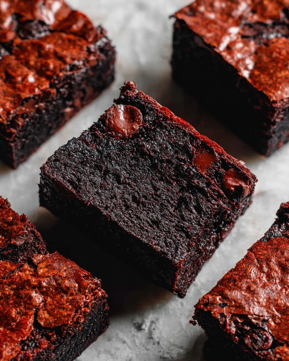 The image shows a close-up of four square chocolate brownies placed on a white marbled textured surface. Each brownie has one thick dark brown layer with a soft, moist texture, dotted with pockets of melted milk chocolate chips inside. The top of the brownies has a thin, shiny, slightly crinkled darker brown crust. The brownies are arranged closely together, with the focus on the middle piece, showing the inside and outside texture clearly. photo taken with an iphone --ar 4:5 --v 7
