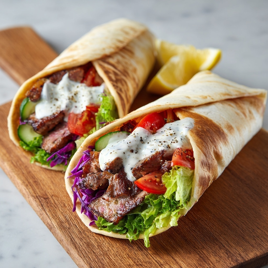 Two wraps are placed on a wooden board with lemon slices beside them, set against a white marbled texture. Each wrap has a soft, golden-brown flatbread folded around several layers: at the bottom, there is crisp green lettuce and purple cabbage, followed by pieces of grilled meat with a slightly charred texture. On top of the meat are slices of red cherry tomato and thin cucumber, all drizzled with white sauce and sprinkled with black pepper. The wraps look fresh and colorful, showing rich textures and contrasting colors. photo taken with an iphone --ar 4:5 --v 7