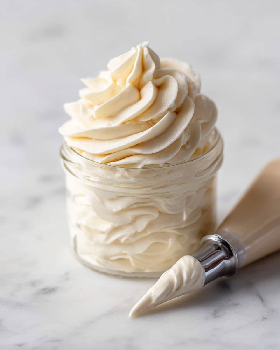 A small clear glass jar is filled with soft, creamy white frosting that is piped in smooth, swirled layers, creating a fluffy and inviting texture that rises above the jar's rim. Next to the jar lies a piping bag fitted with a metal star tip, also containing the same white frosting, resting on a white marbled surface. The background is softly blurred, keeping focus entirely on the whipped frosting and the jar. photo taken with an iphone --ar 4:5 --v 7